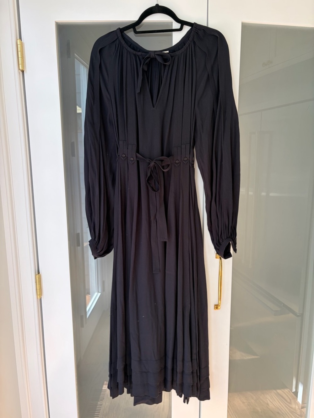 Ulla Johnson Black Long-Sleeve Tie-Waist Maxi Dress with Keyhole Neck